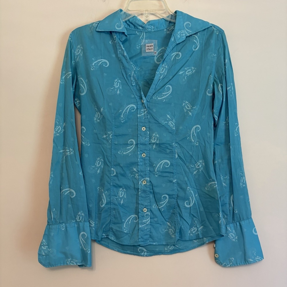 0039 Italy XS Cotton Blue‎ Button Up Blouse Paisley Western Boho V Neck Collared